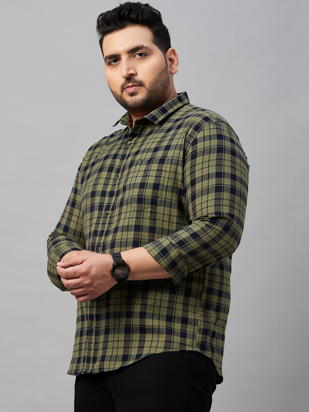 Men Spread Collar Checked Olive Shirt