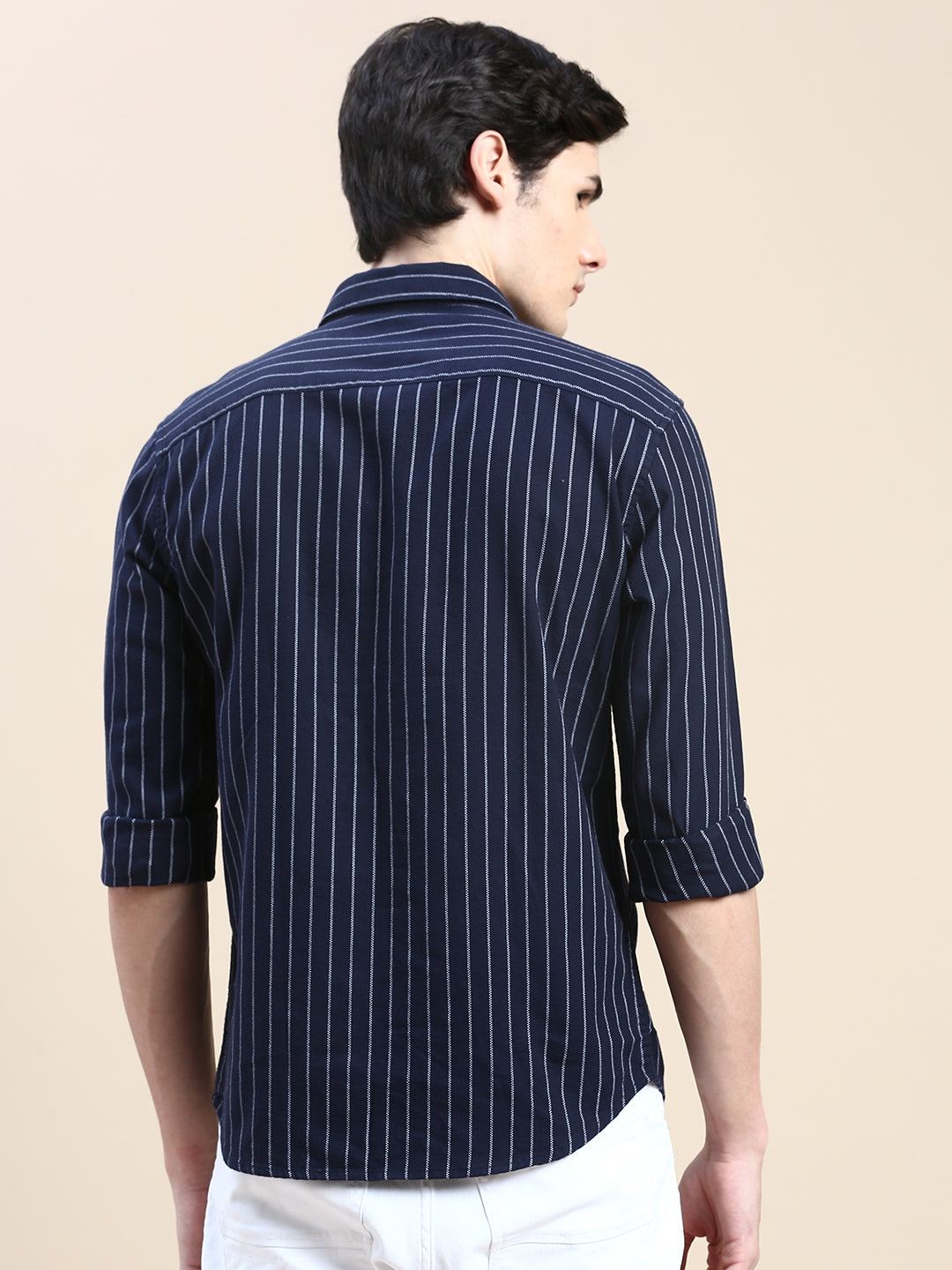 Men Spread Collar Striped Navy Blue Shirt