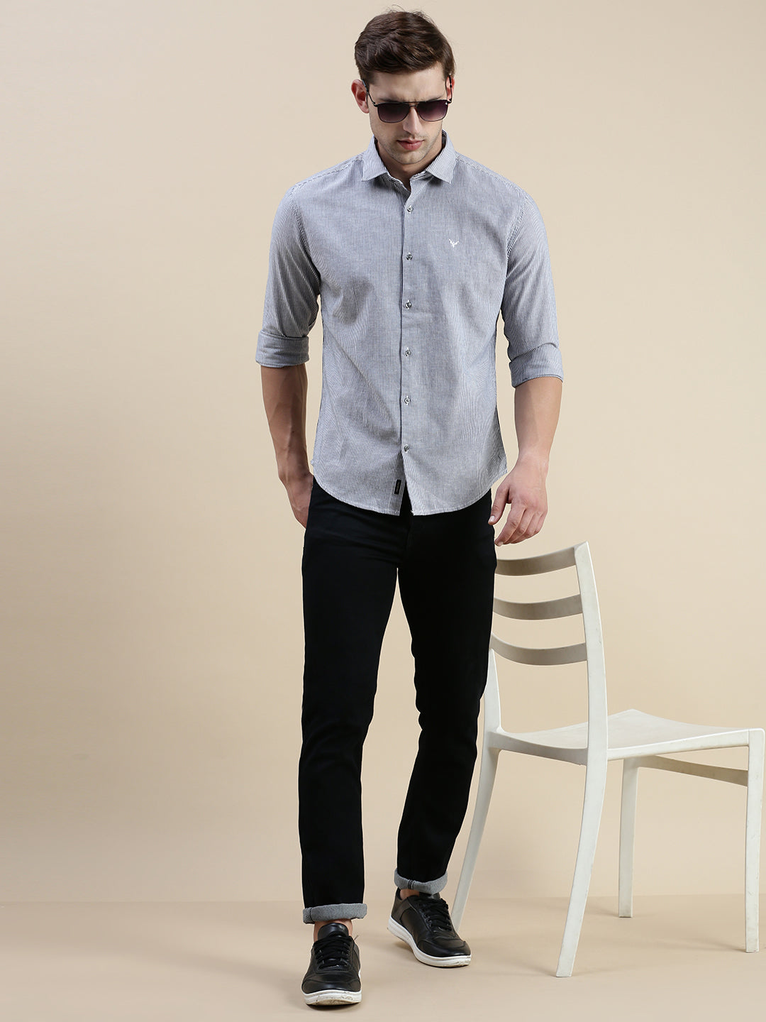 Men Spread Collar Striped Grey Shirt