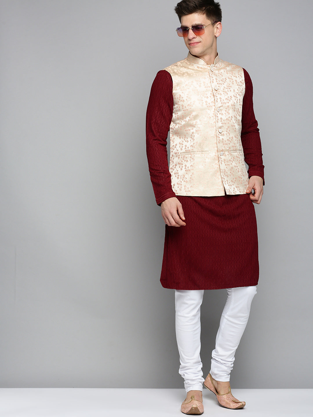 Men Mandarin Collar Woven Design Rose Gold Nehru Jacket