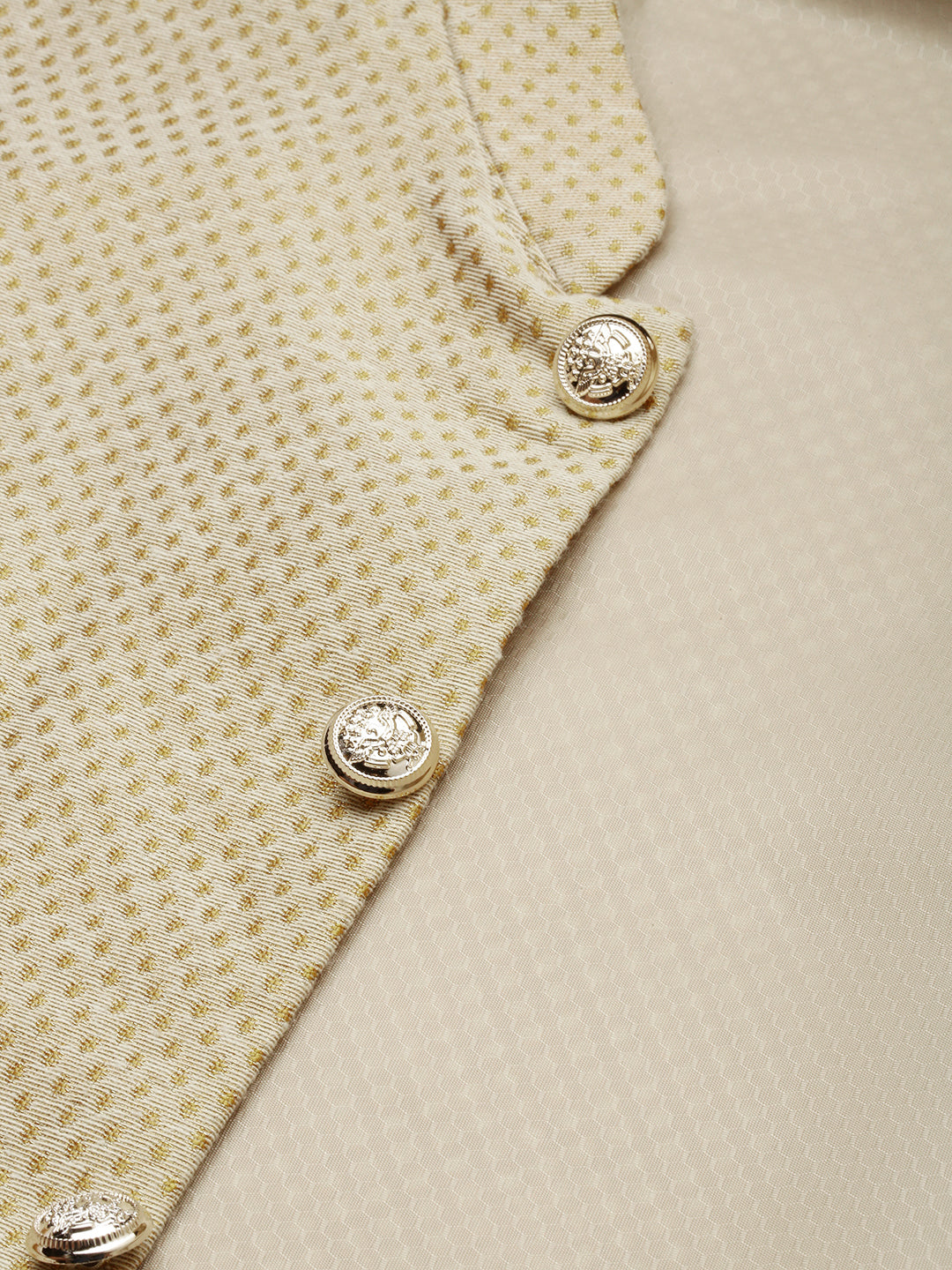 Men Mandarin Collar Woven Design Gold Nehru Jacket