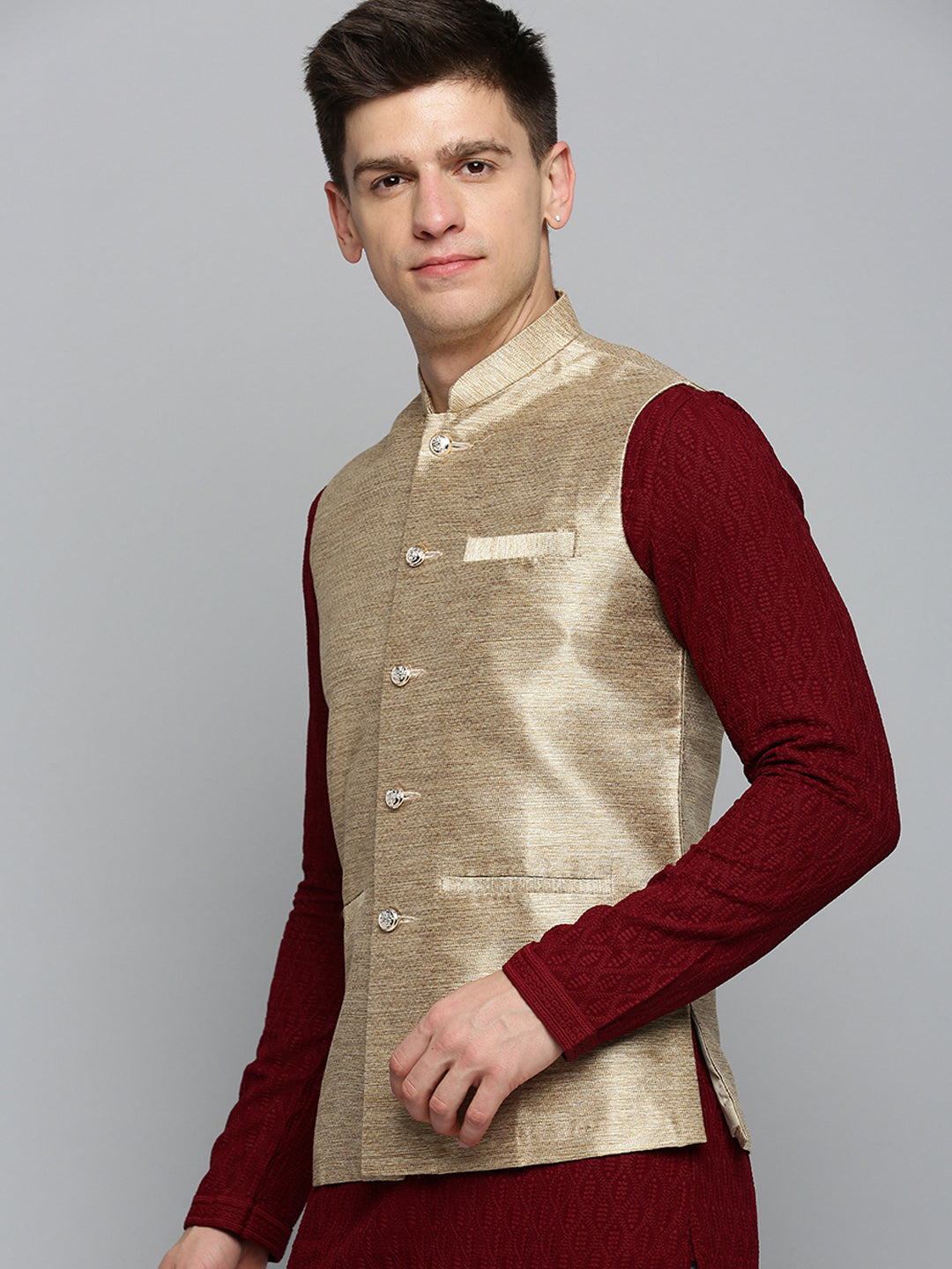 Men Mandarin Collar Woven Design Gold Nehru Jacket
