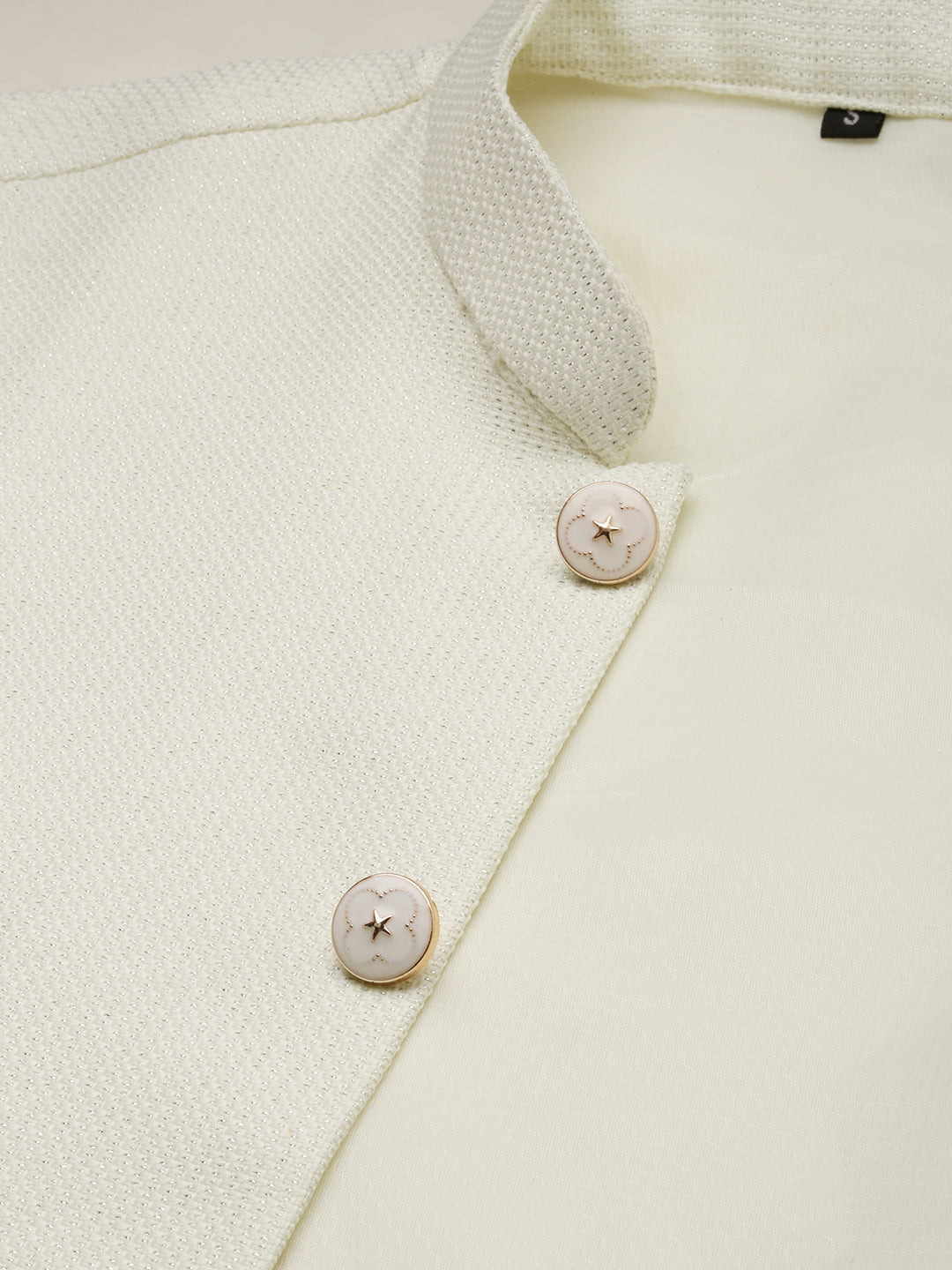 Men Mandarin Collar Woven Design Cream Nehru Jacket