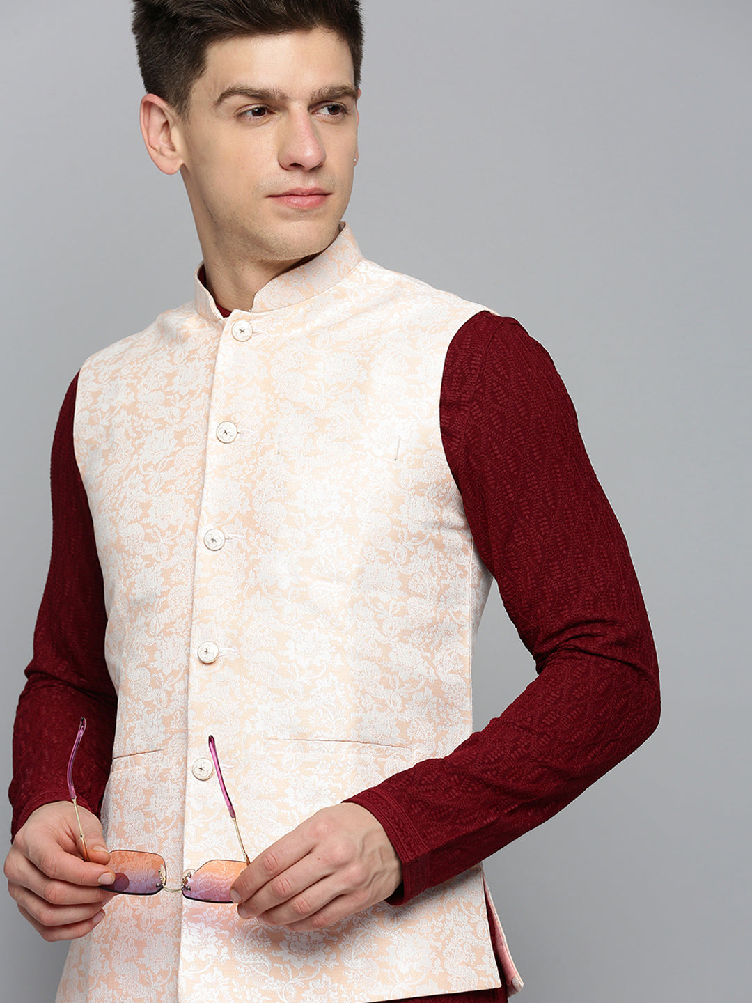 Men Mandarin Collar Woven Design Peach Nehru Jacket