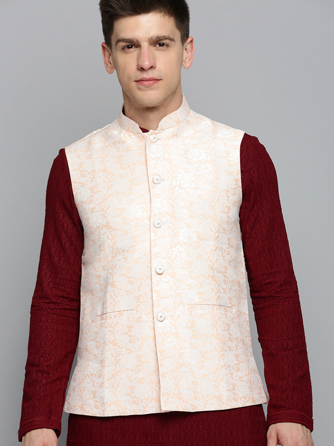 Men Mandarin Collar Woven Design Peach Nehru Jacket