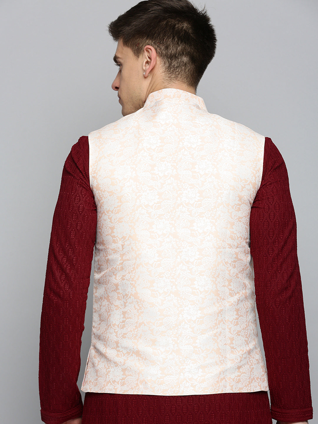 Men Mandarin Collar Woven Design Peach Nehru Jacket