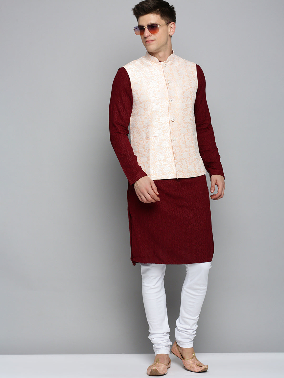 Men Mandarin Collar Woven Design Peach Nehru Jacket