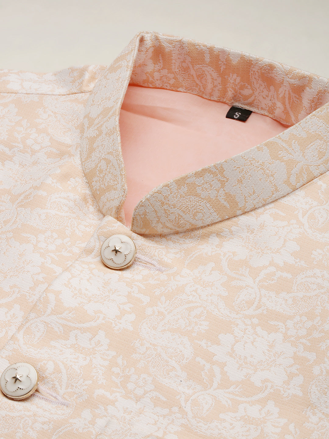 Men Mandarin Collar Woven Design Peach Nehru Jacket