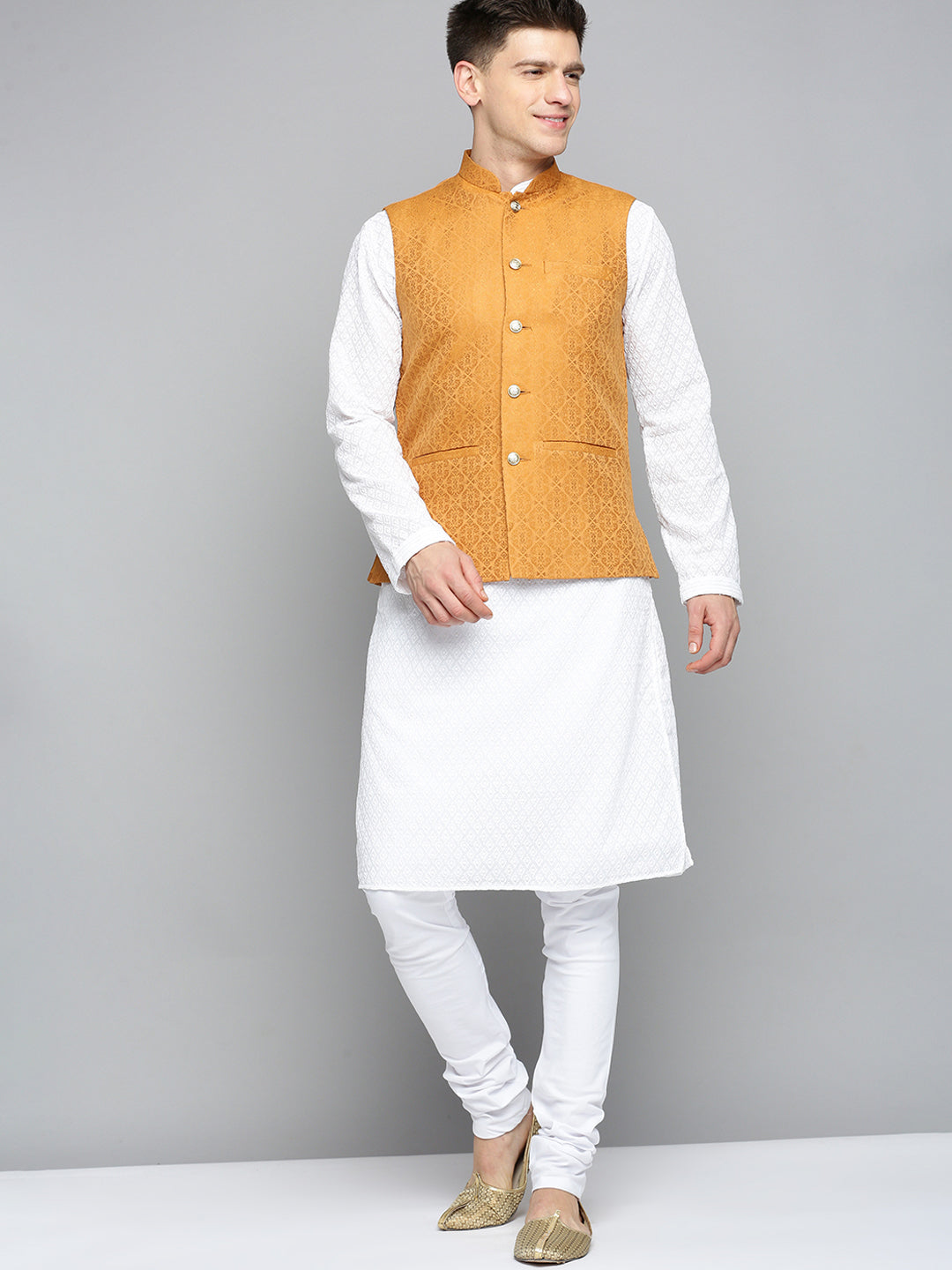 Men Mandarin Collar Woven Design Bronze Nehru Jacket