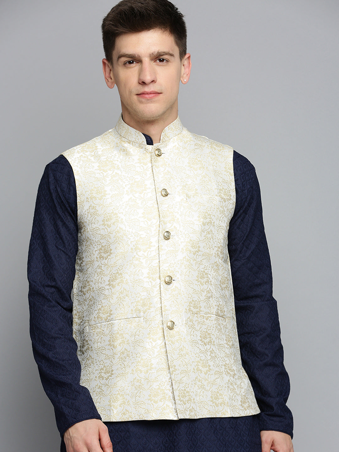 Men Mandarin Collar Woven Design Cream Nehru Jacket
