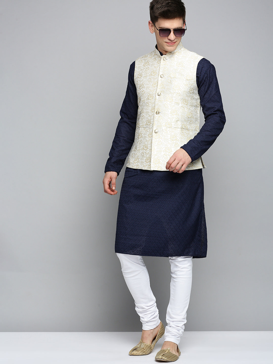 Men Mandarin Collar Woven Design Cream Nehru Jacket