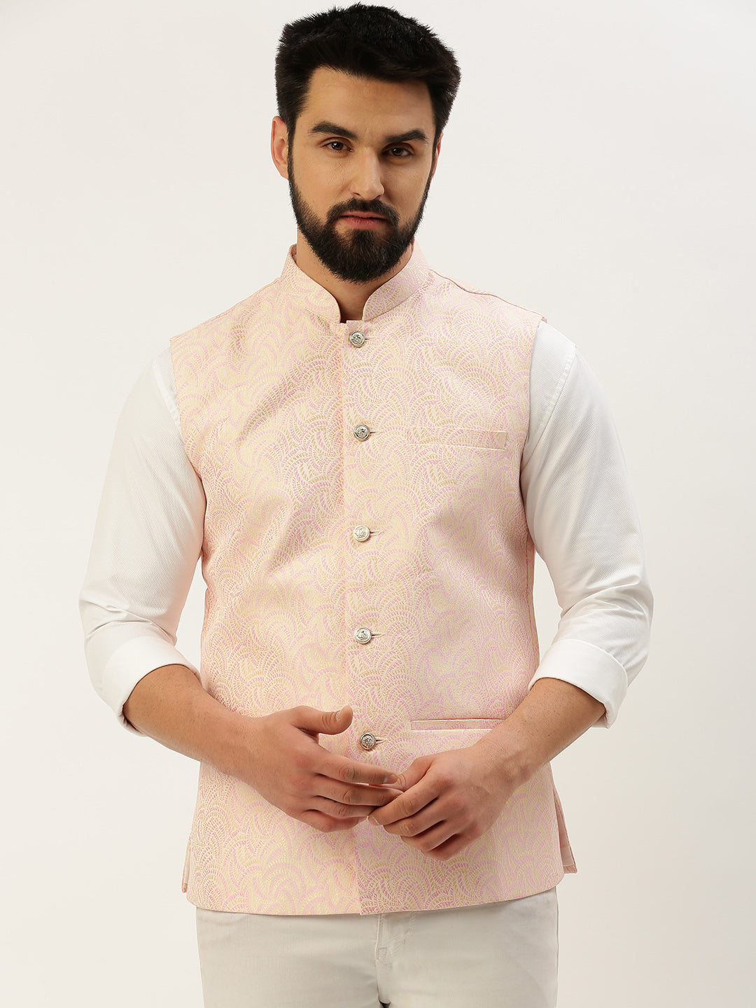 Men Mandarin Collar Woven Design Pink Nehru Jacket