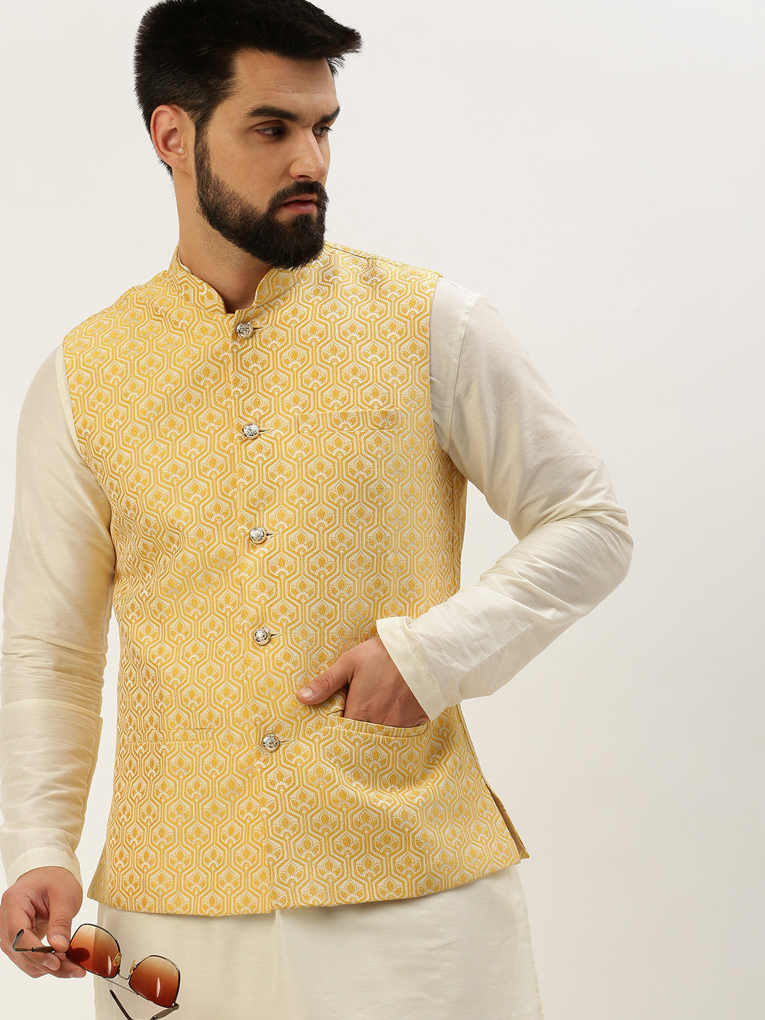 Men Mandarin Collar Woven Design Yellow Nehru Jacket