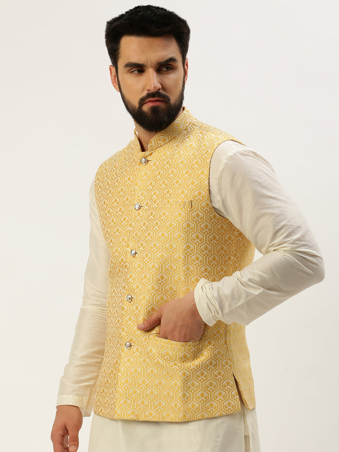 Men Mandarin Collar Woven Design Yellow Nehru Jacket