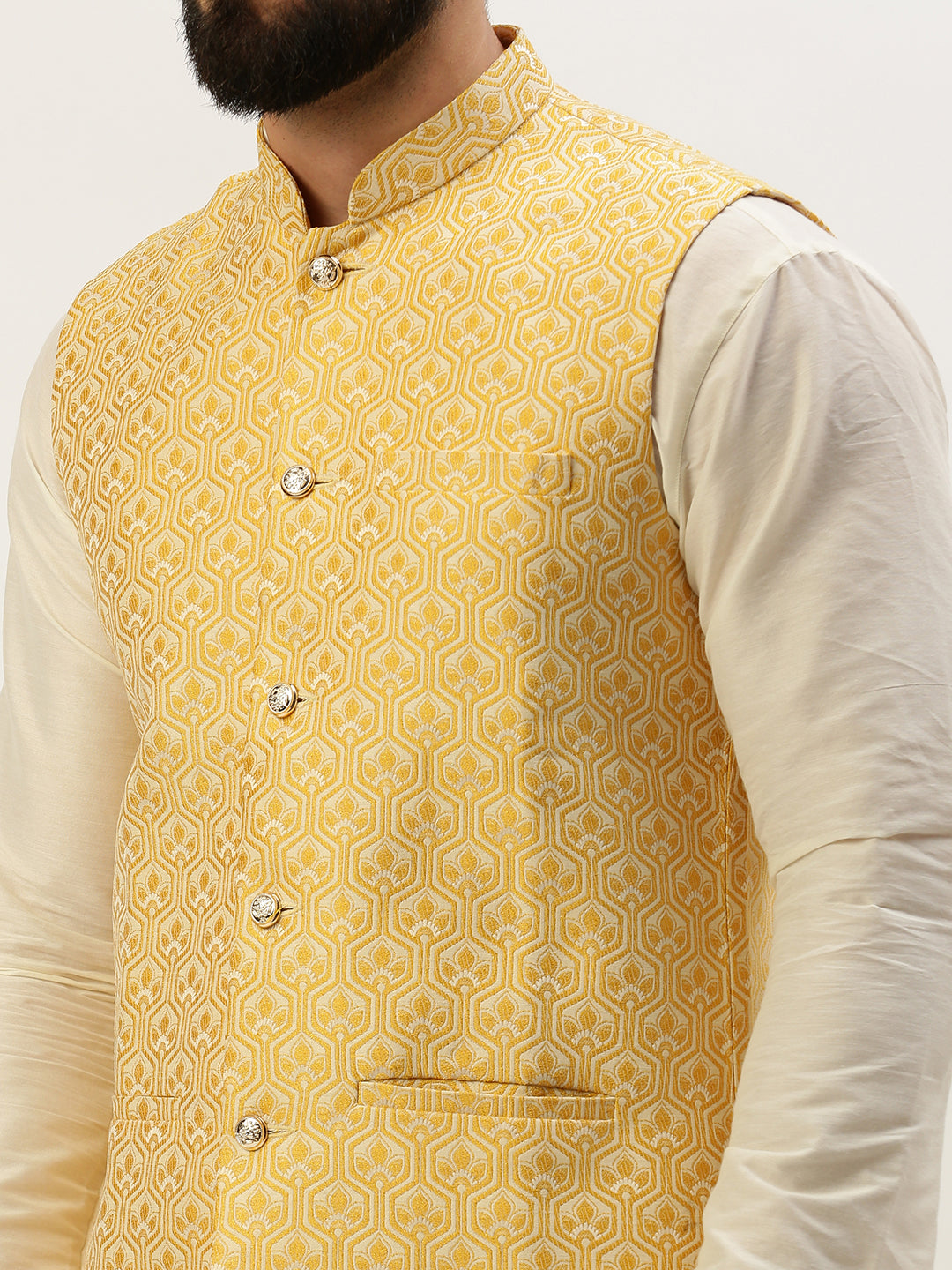 Men Mandarin Collar Woven Design Yellow Nehru Jacket