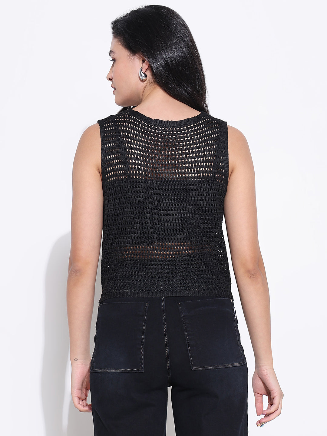 Women Black Solid Crochet Top