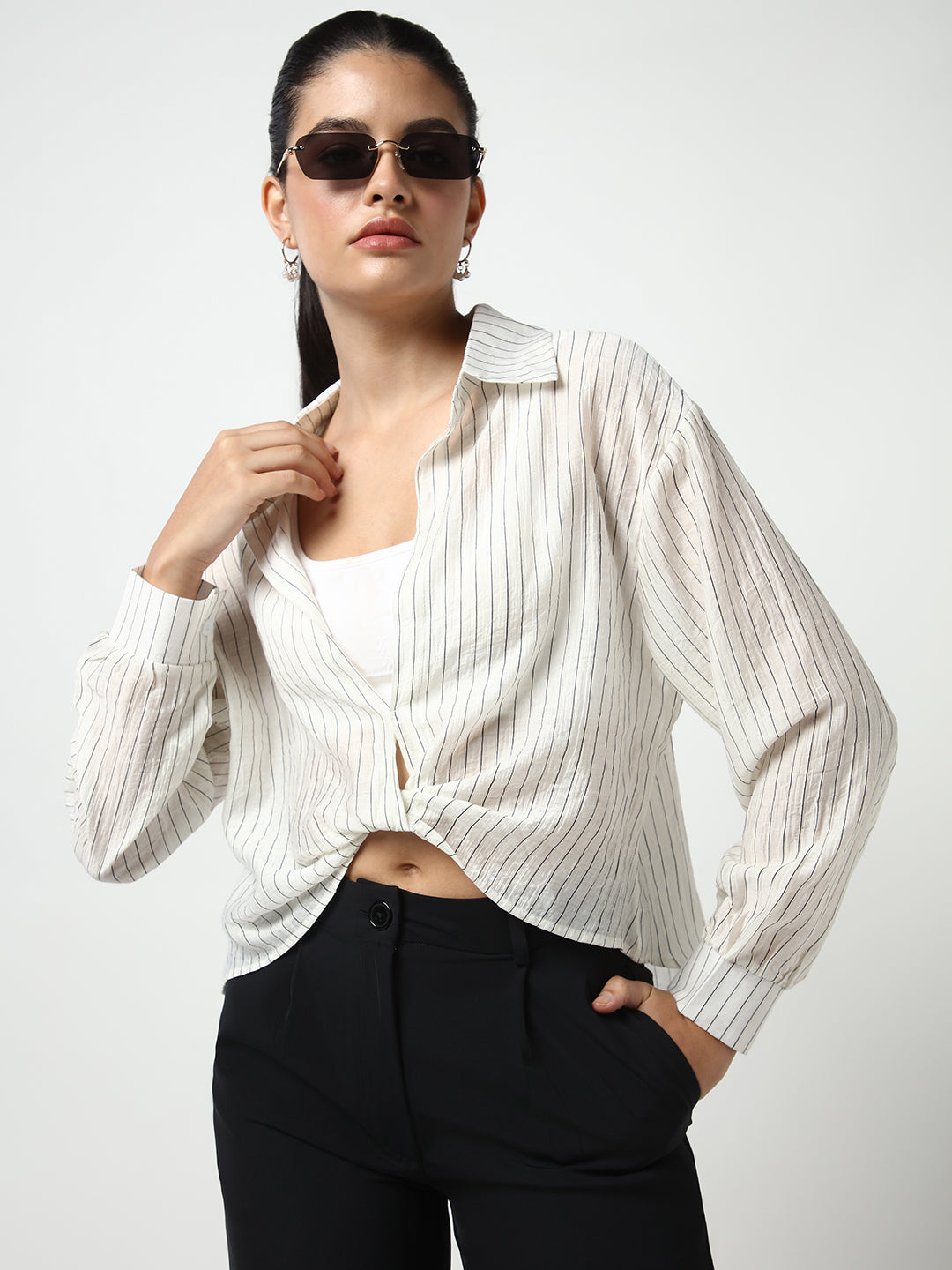 Women Off White Striped Shirt Style Crop Top