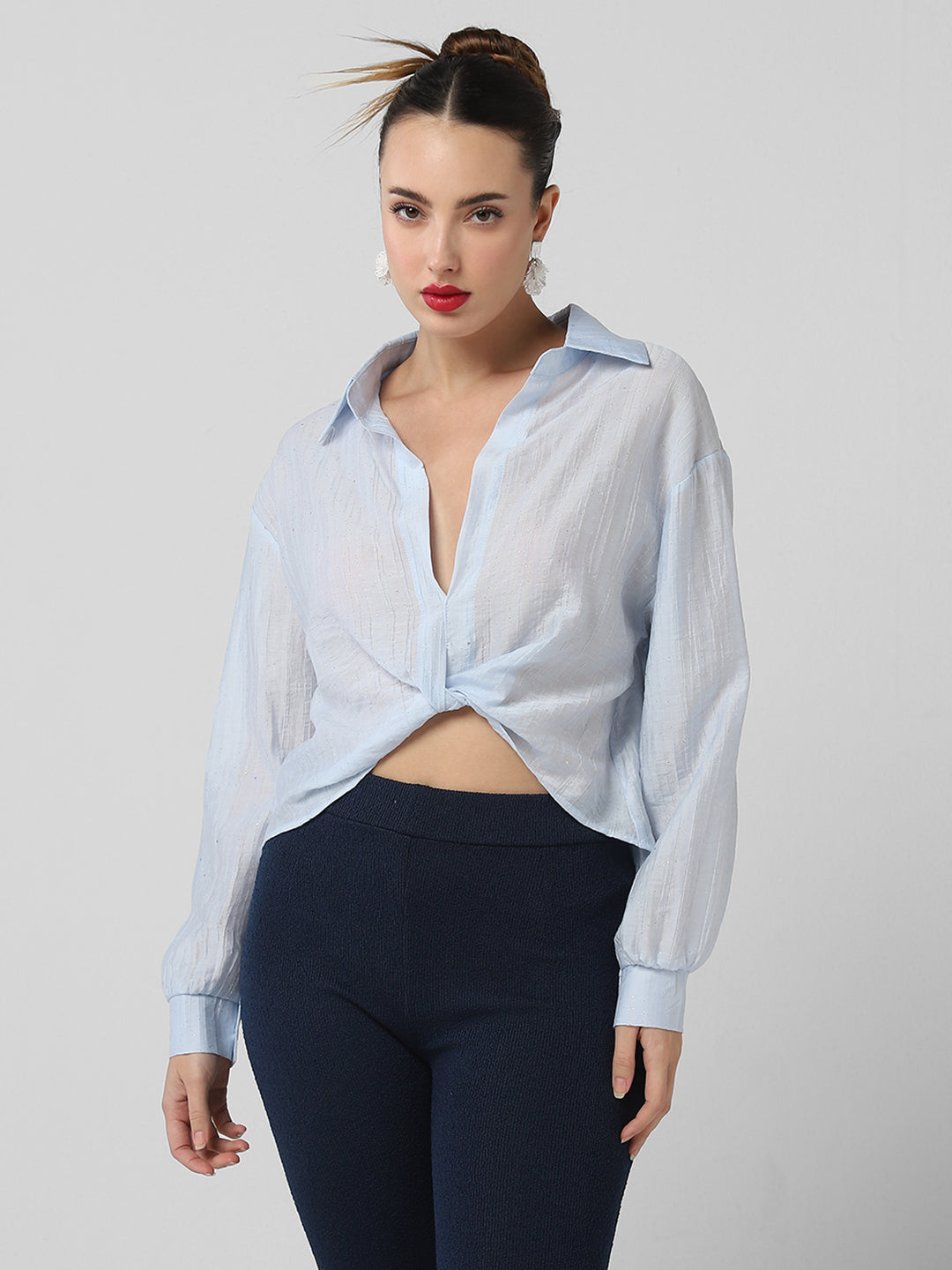 Women Blue Solid Shirt Style Crop Top