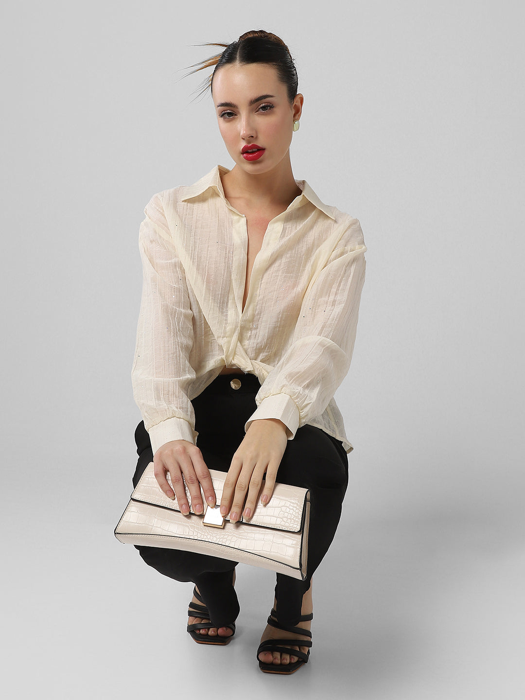 Women Cream Solid Shirt Style Crop Top