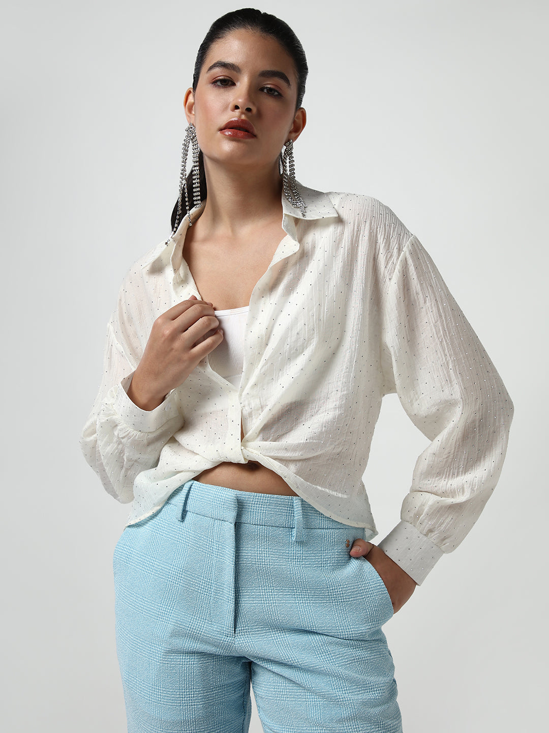 Women Off White Solid Shirt Style Crop Top