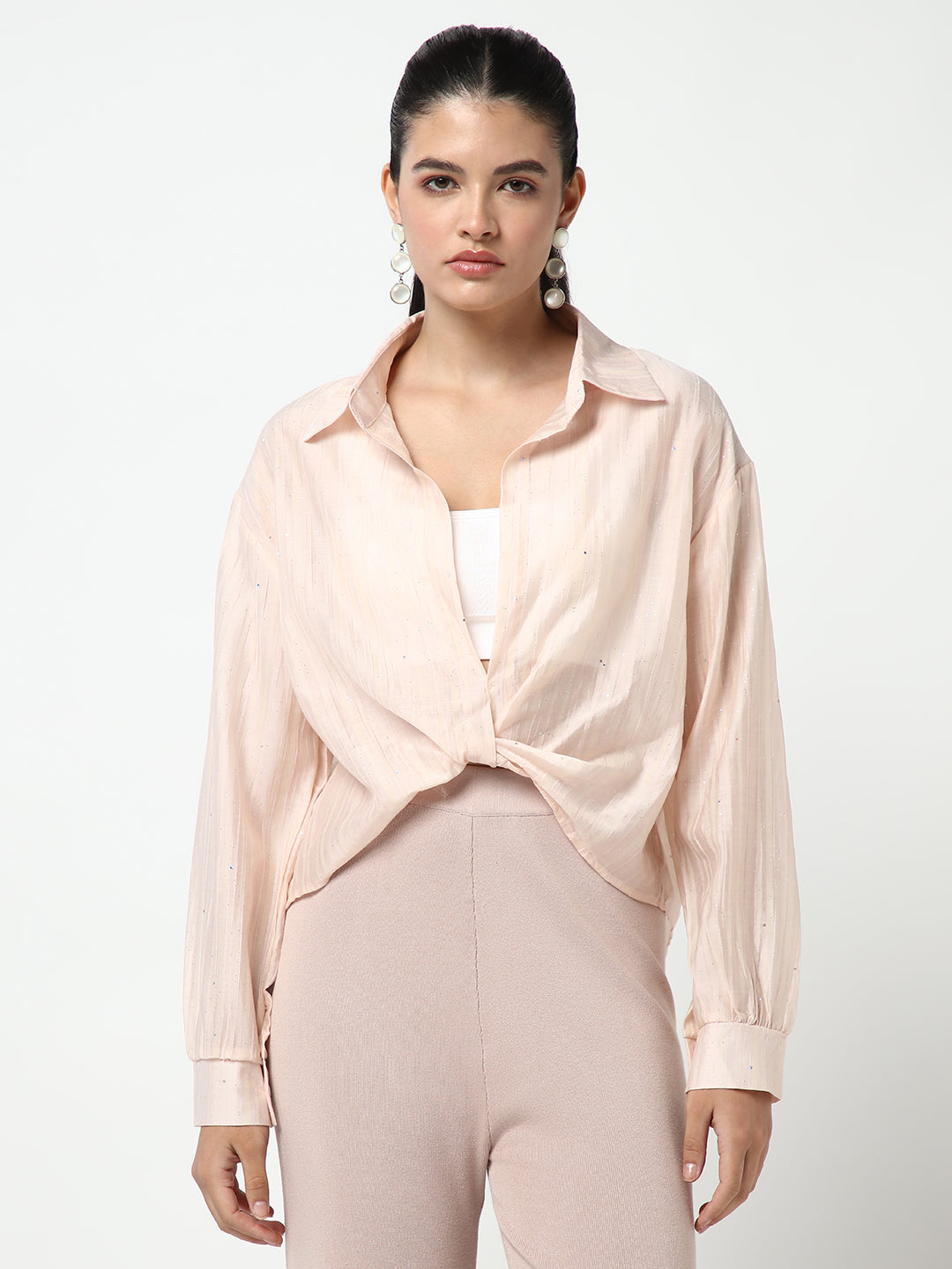 Women Peach Solid Shirt Style Crop Top