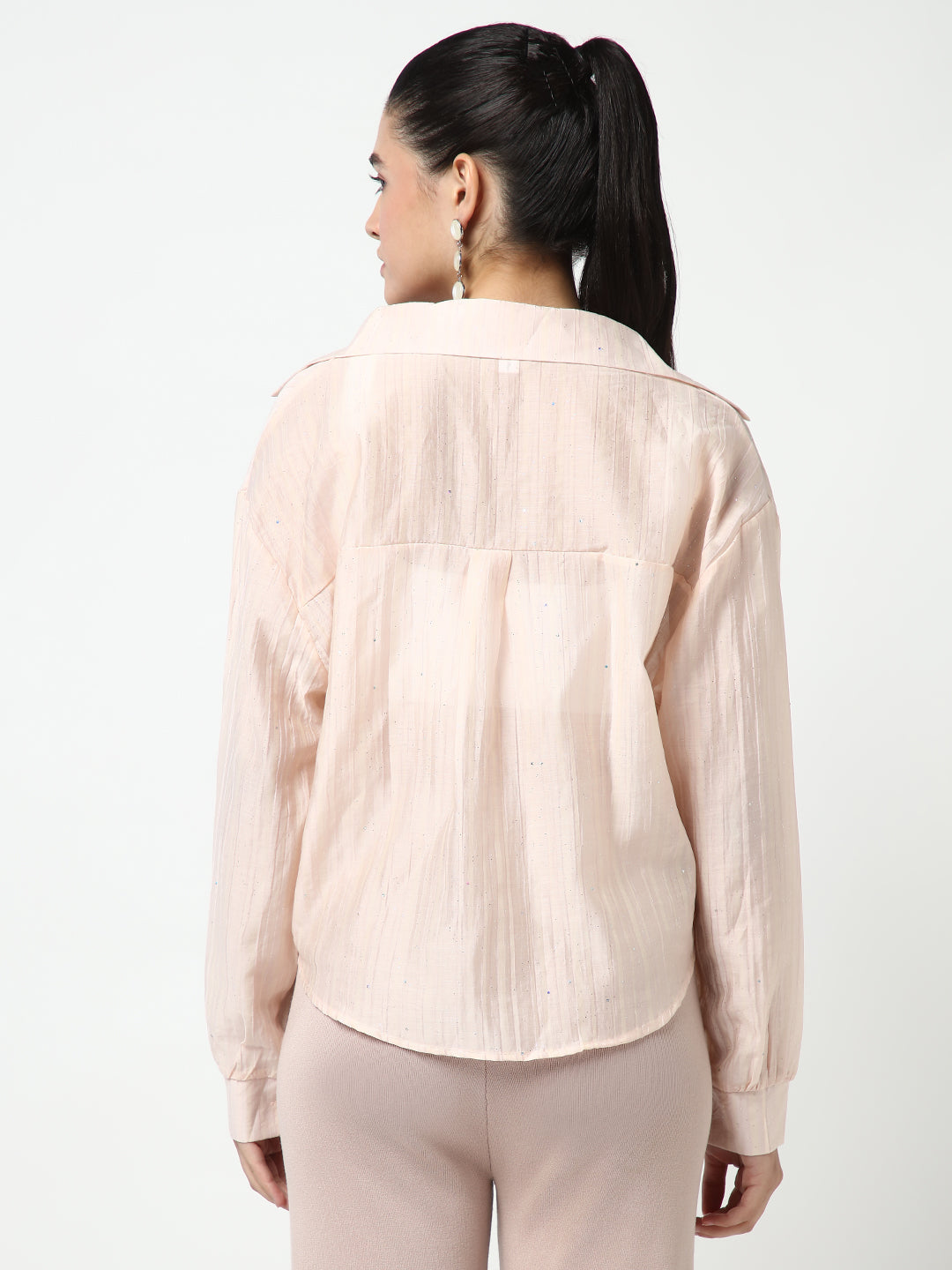 Women Peach Solid Shirt Style Crop Top