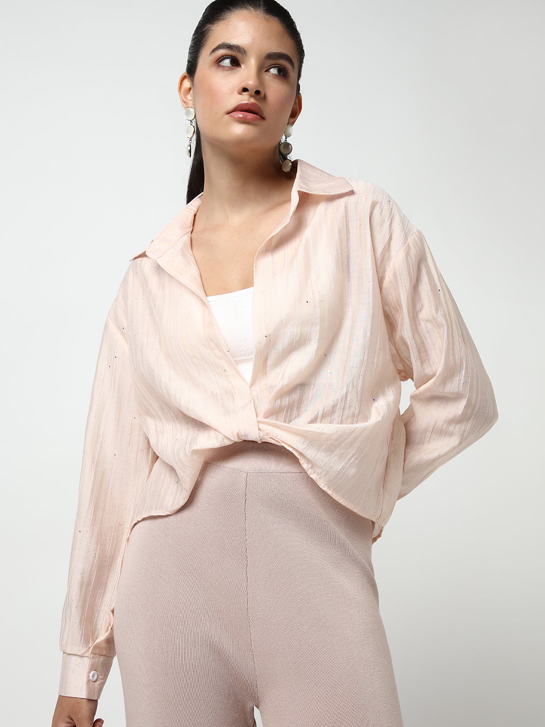 Women Peach Solid Shirt Style Crop Top