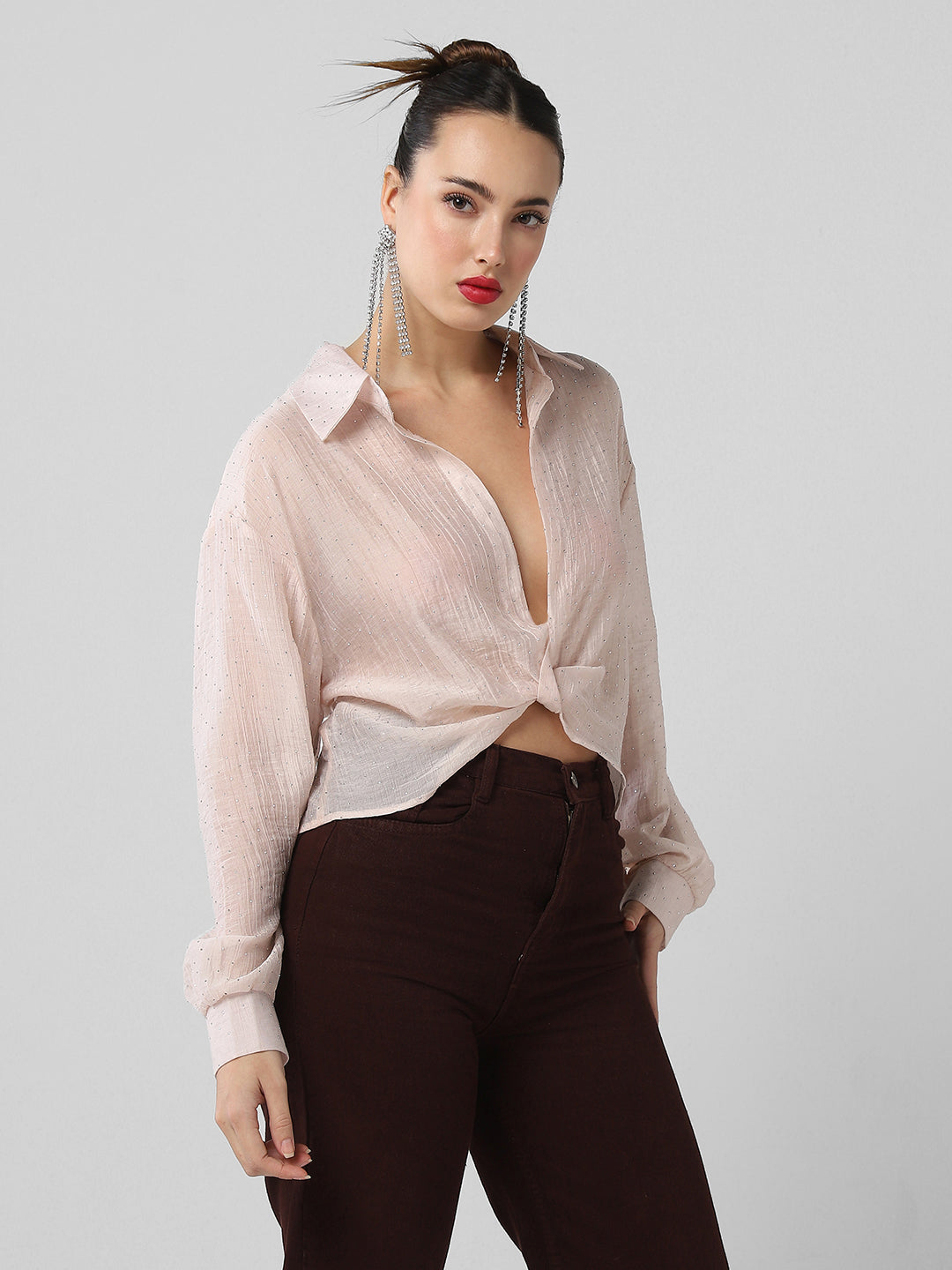 Women Pink Solid Shirt Style Crop Top