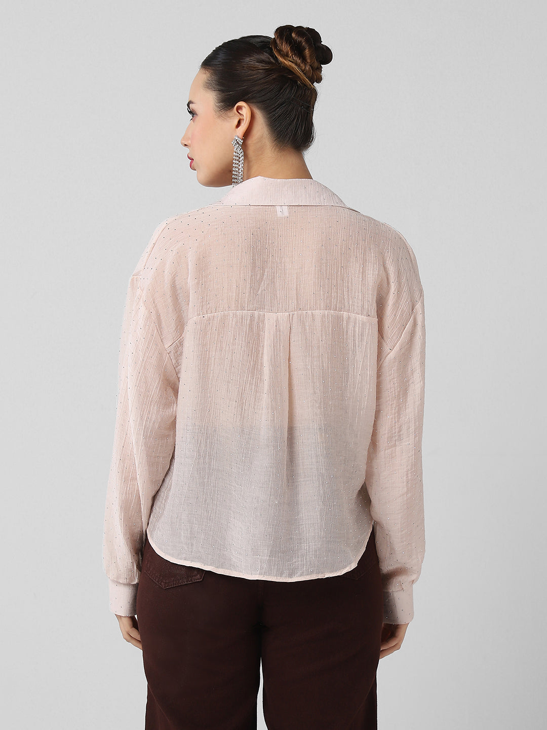 Women Pink Solid Shirt Style Crop Top