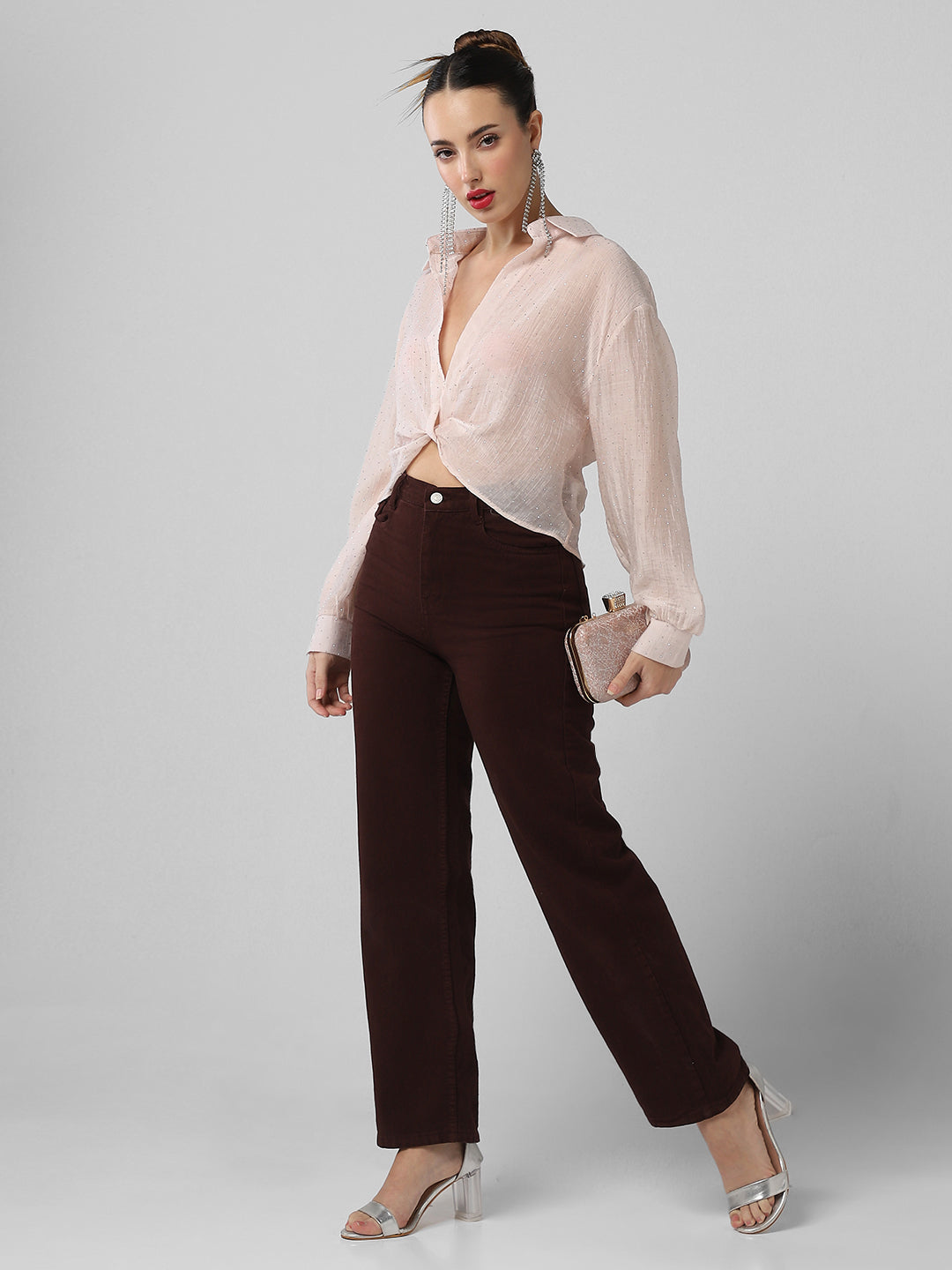 Women Pink Solid Shirt Style Crop Top