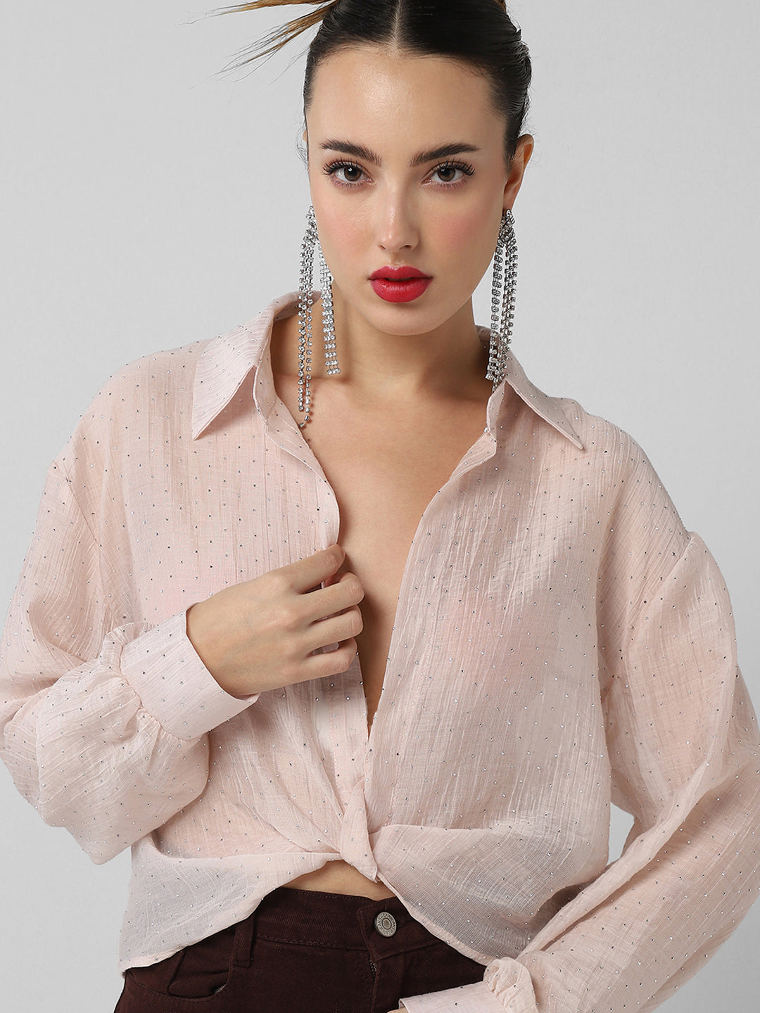 Women Pink Solid Shirt Style Crop Top