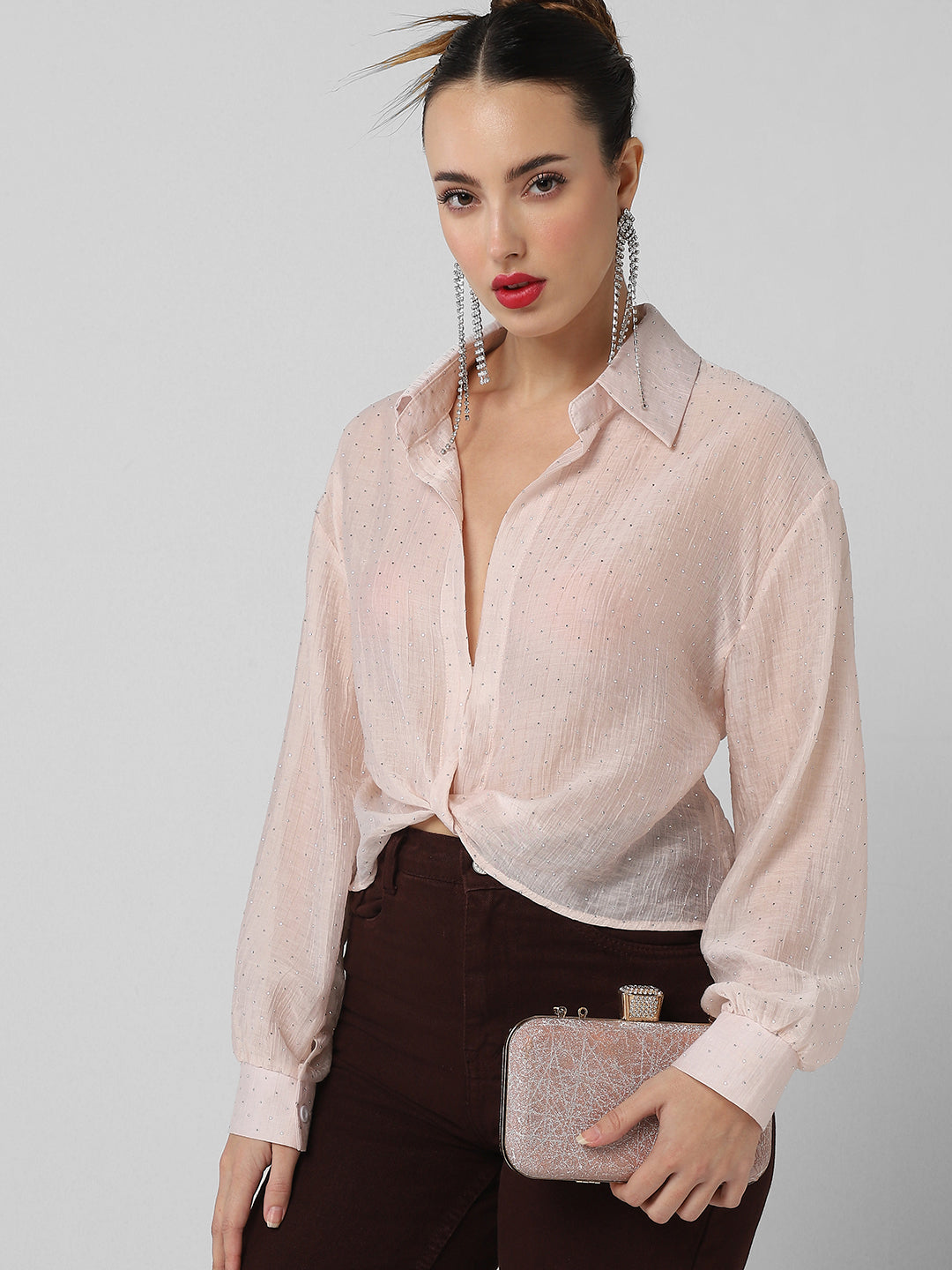 Women Pink Solid Shirt Style Crop Top