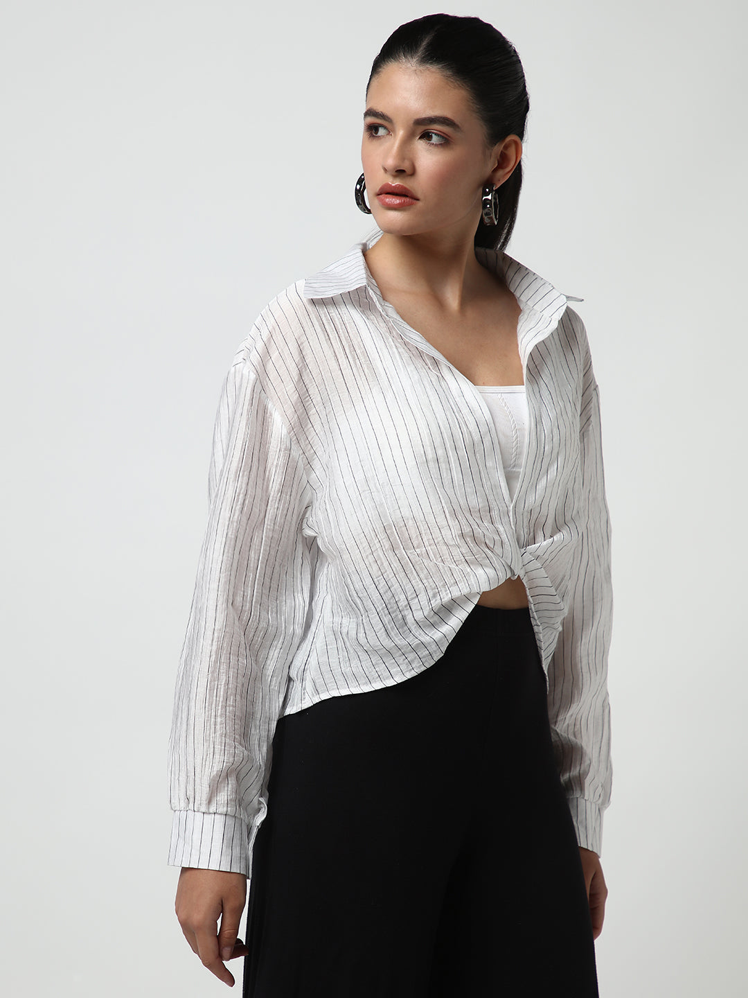 Women White Striped Shirt Style Crop Top