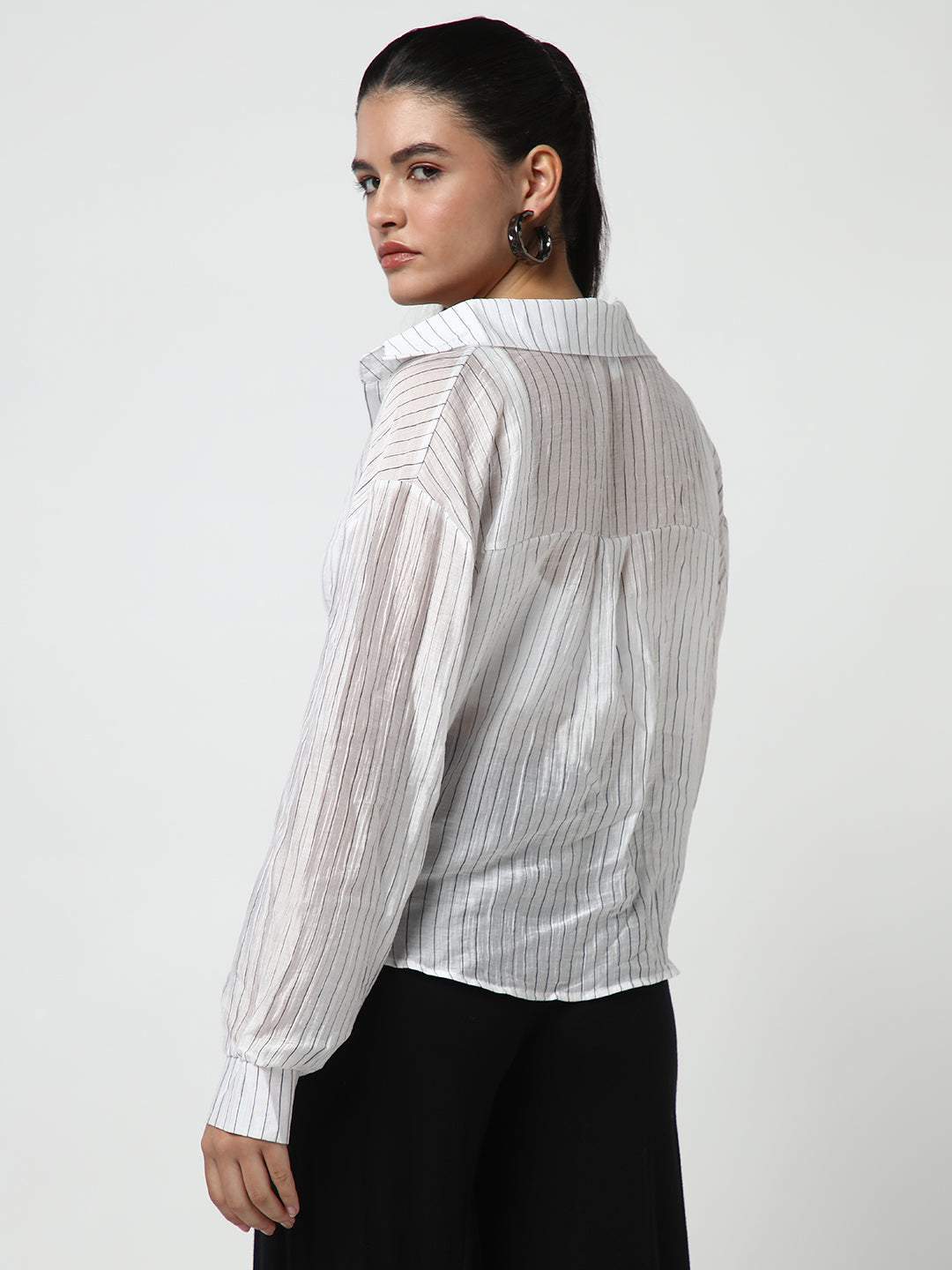 Women White Striped Shirt Style Crop Top