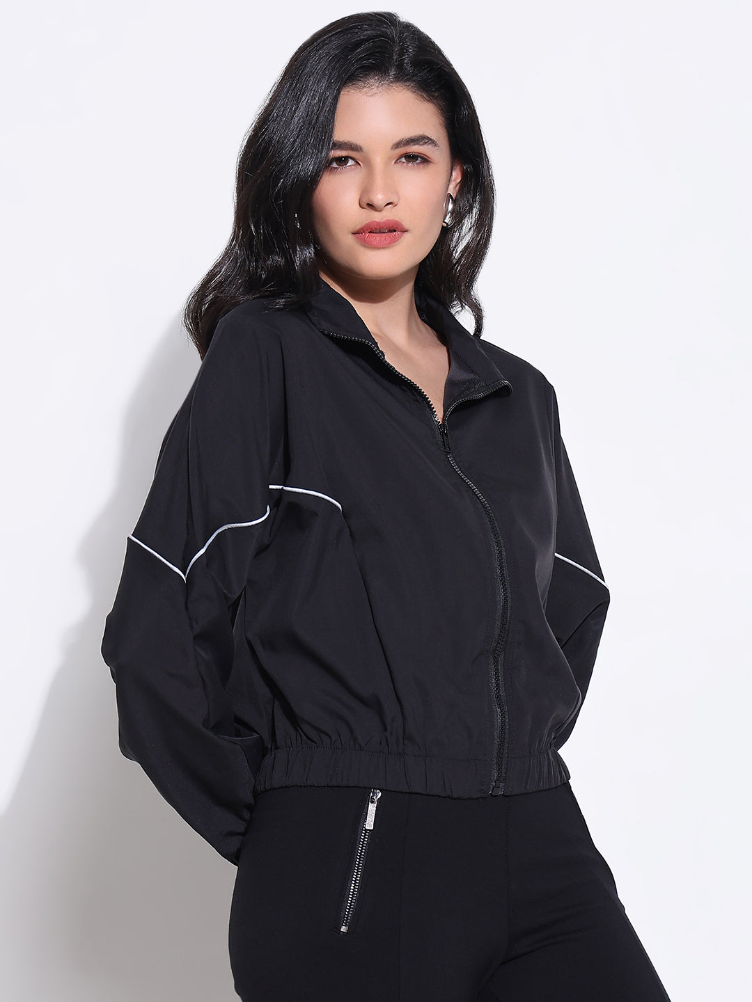 Women Solid Black Bomber Jacket