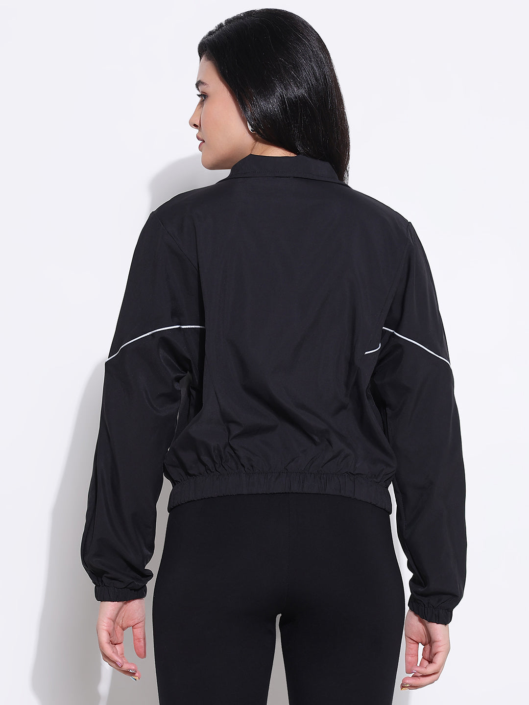 Women Solid Black Bomber Jacket