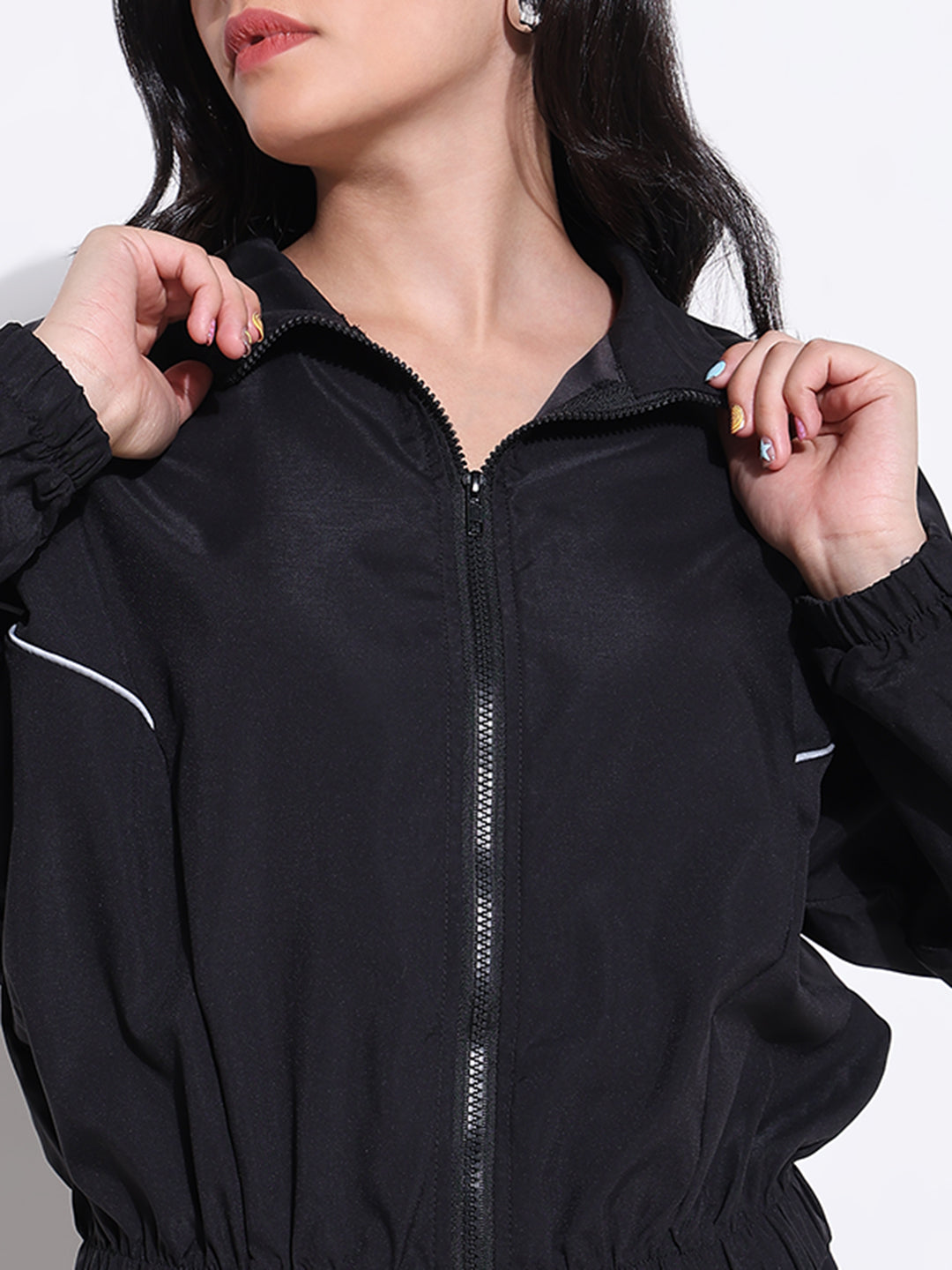 Women Solid Black Bomber Jacket