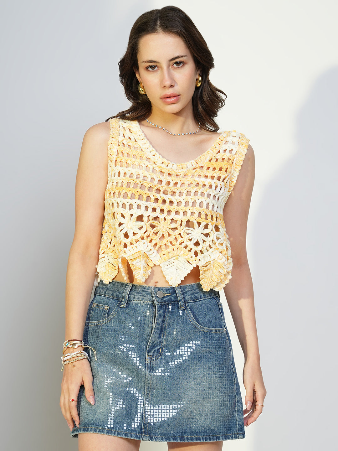 Women Yellow Solid Crochet Crop Top