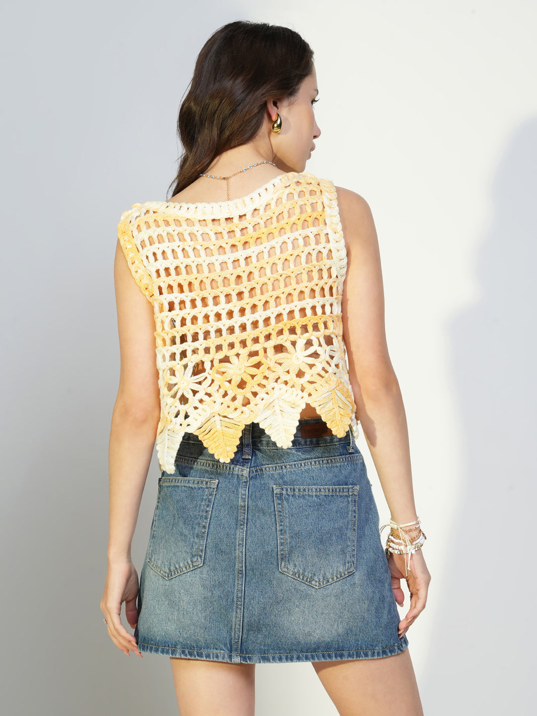 Women Yellow Solid Crochet Crop Top