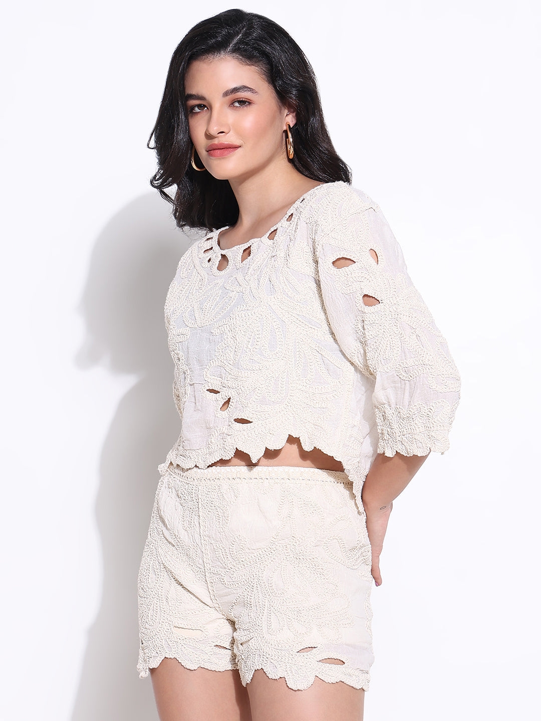 Women Embroidered Cream Co Ords Set