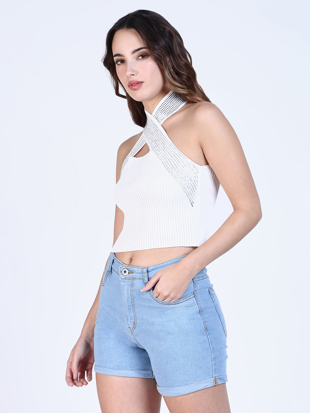 Women White Solid Crop Top