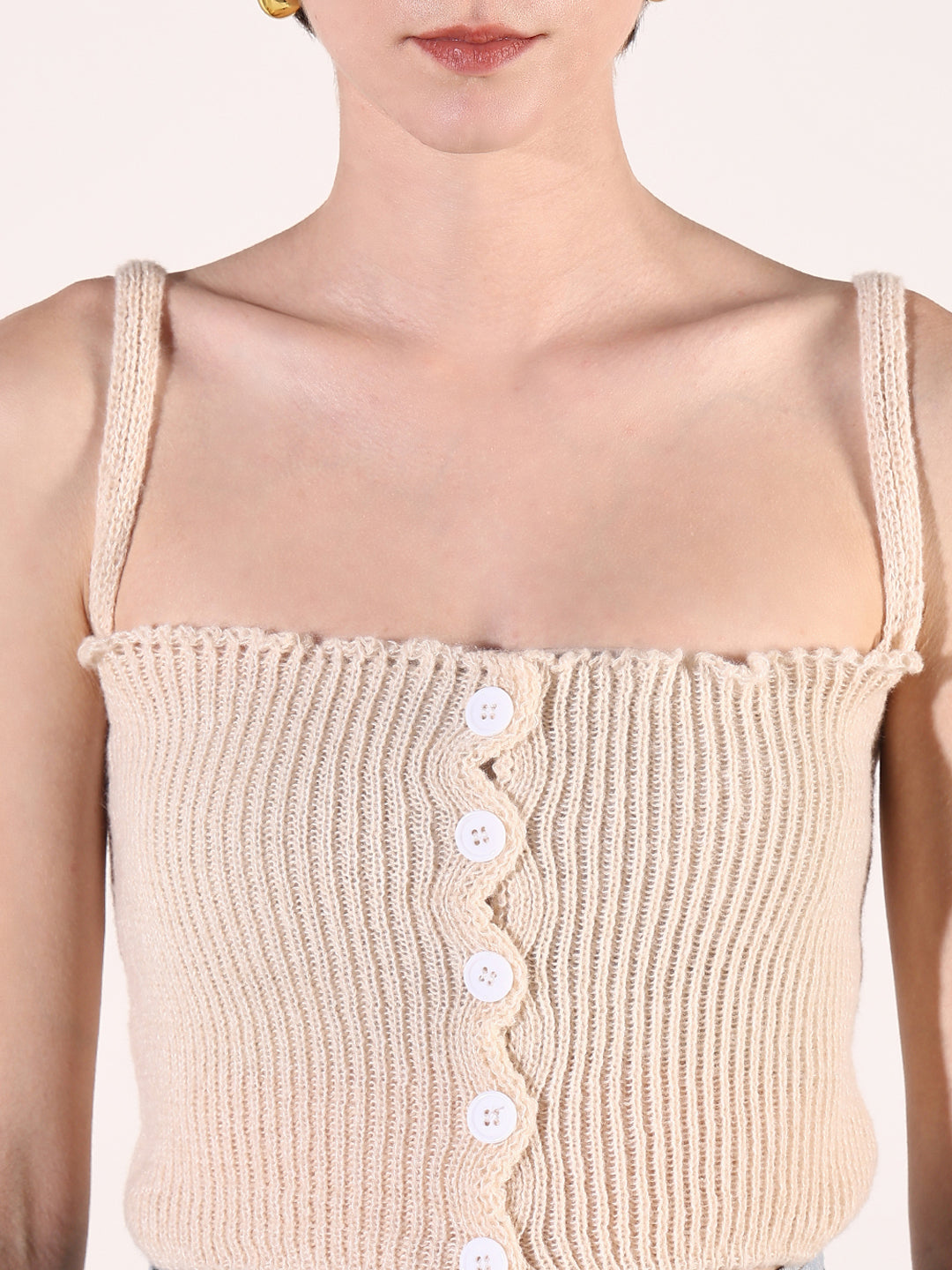 Women Cream Solid Crochet Crop Top with Over top