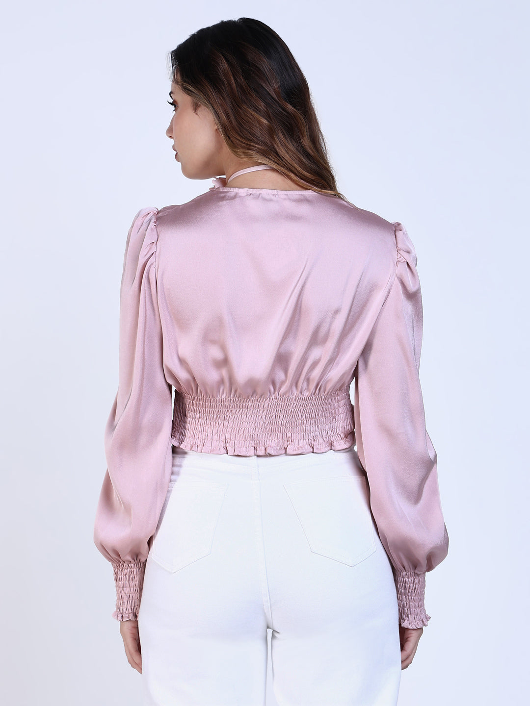 Women Solid Pink Top with Flower Bow