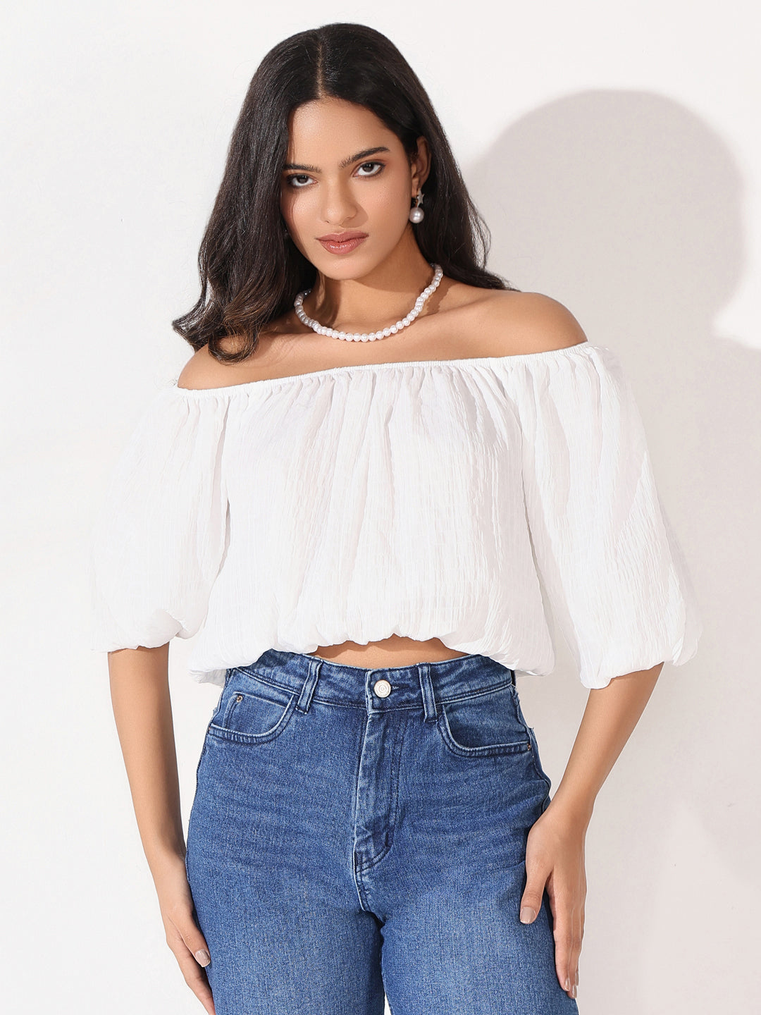 Women White Solid Crop Top with Chain