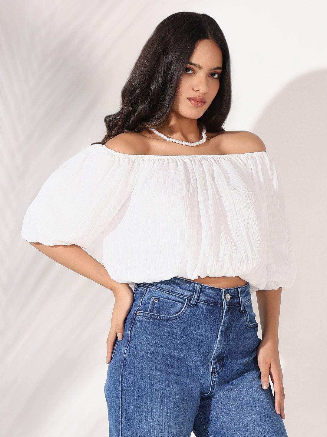 Women White Solid Crop Top with Chain