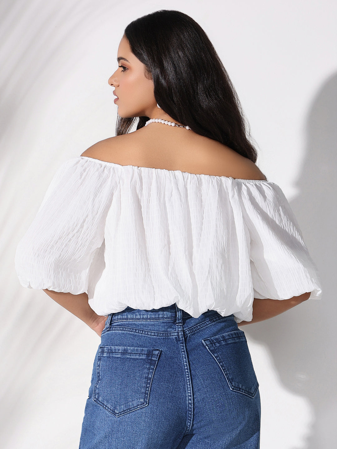 Women White Solid Crop Top with Chain