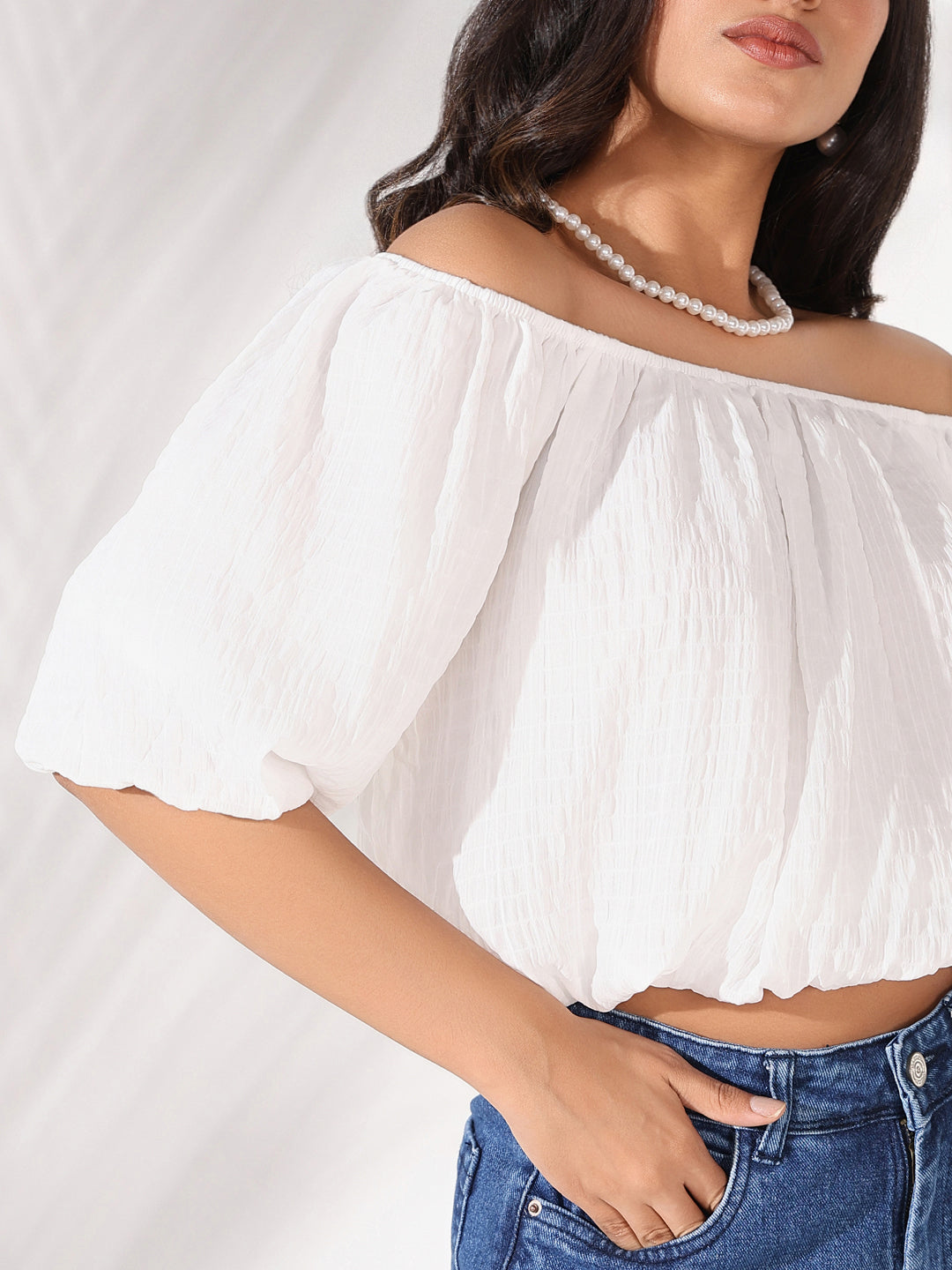 Women White Solid Crop Top with Chain