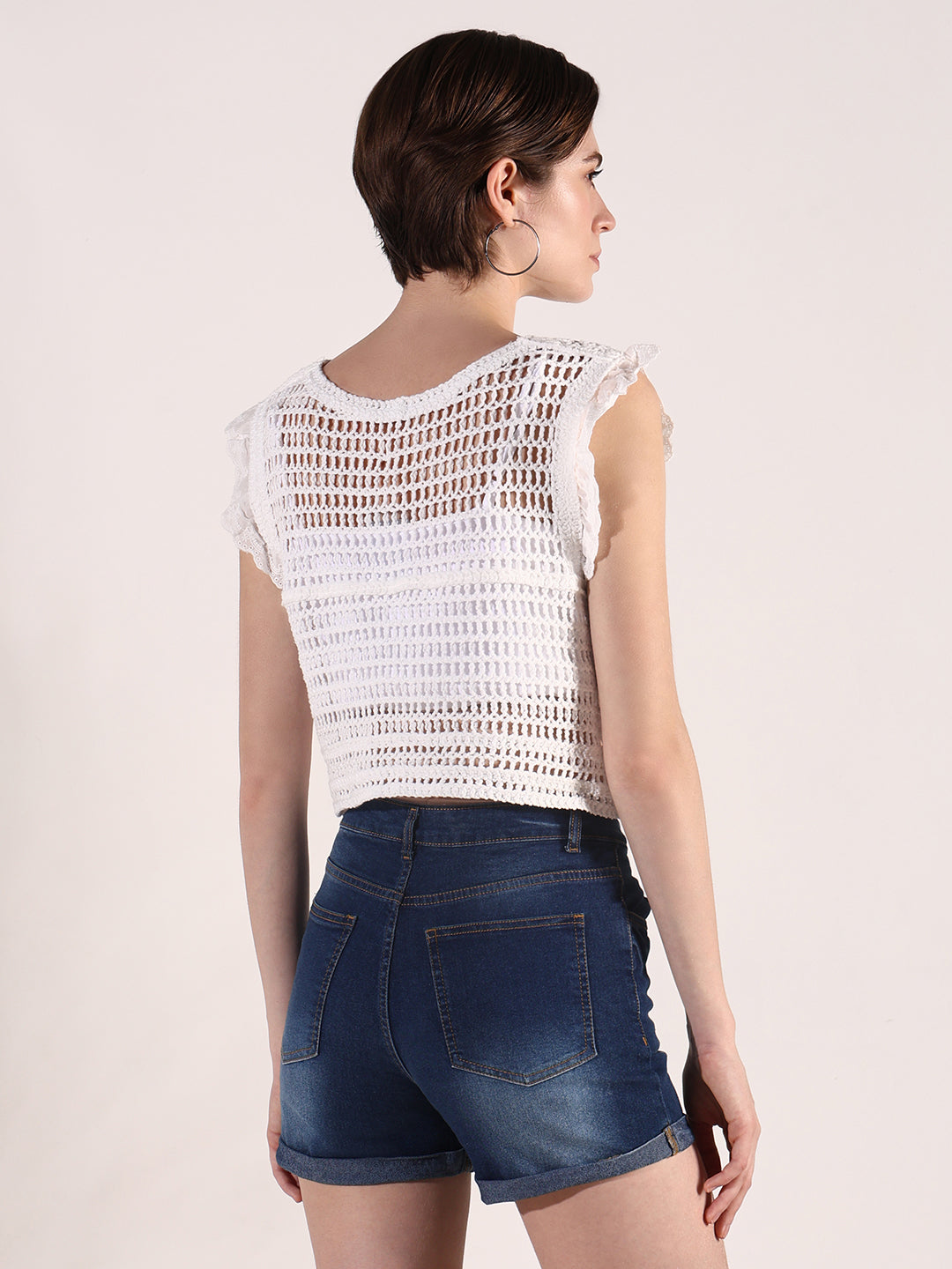 Women Off White Solid Crochet Crop Top