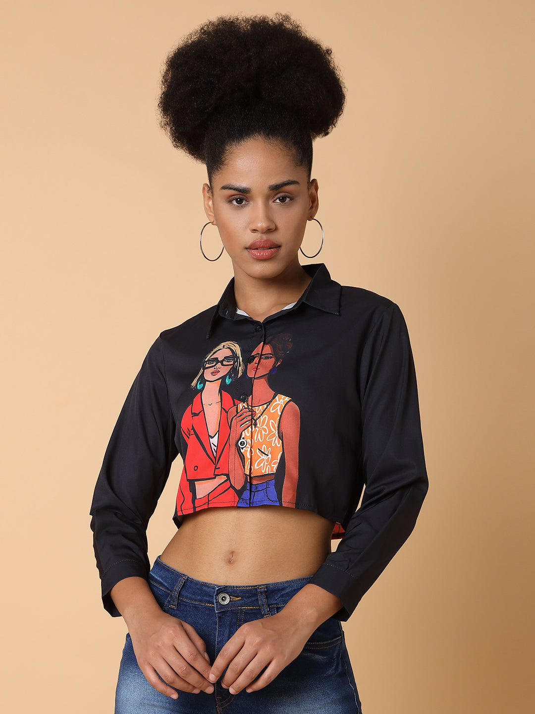 Women Graphic Black Crop Boxy Shirt