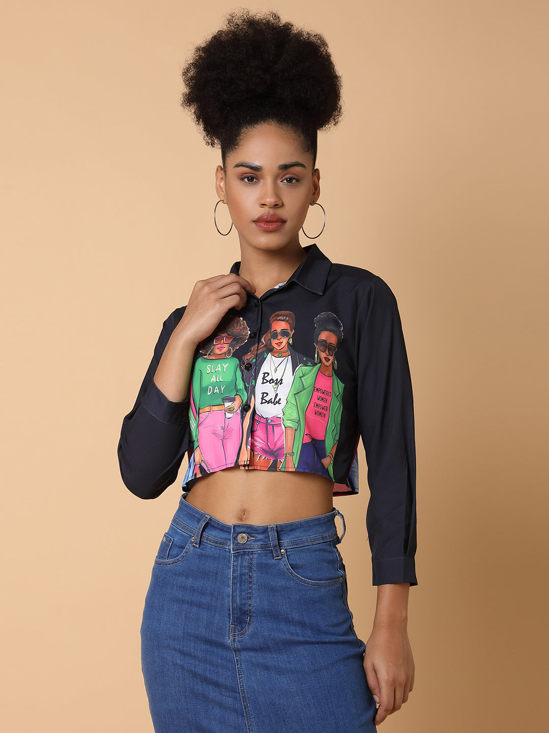 Women Graphic Black Crop Boxy Shirt